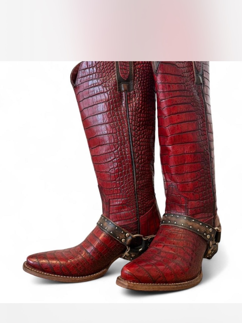 freebird Red Croc-Embossed Leather Harness Riding Boots